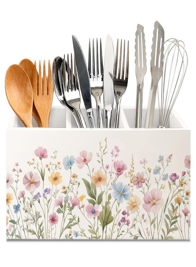 KBRCT Rustic Wildflower Wooden Utensils Holder, Watercolor Nature Wild Flower Botanical Wood Cooking Utensil Holder Organizer for Kitchen Countertop Counter Decor - Image 1